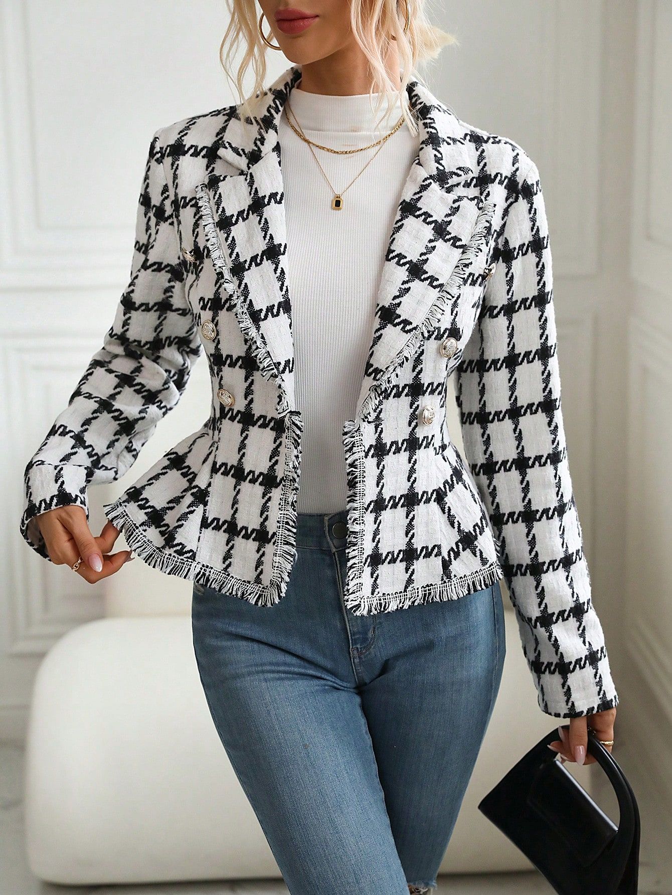 SHEIN Privé Plaid Pattern Raw Trim Tweed Blazer | SHEIN