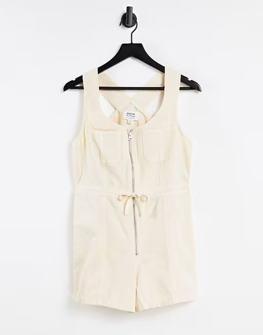 Miss Selfridge denim zip front romper in white | ASOS (Global)