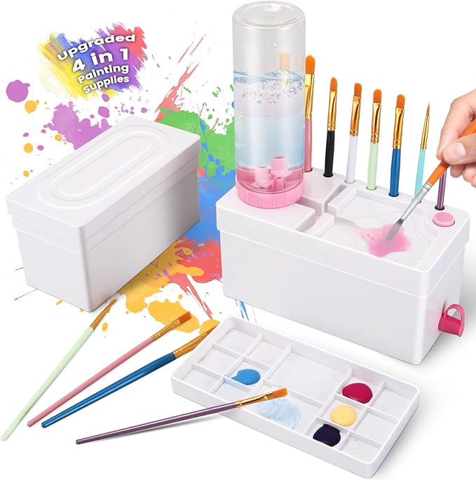 Paint Brush Cleaner, Upgraded 4-in-1 Painting Supplies, Paint Brush Holder with Palette, Brush Ri... | Amazon (US)