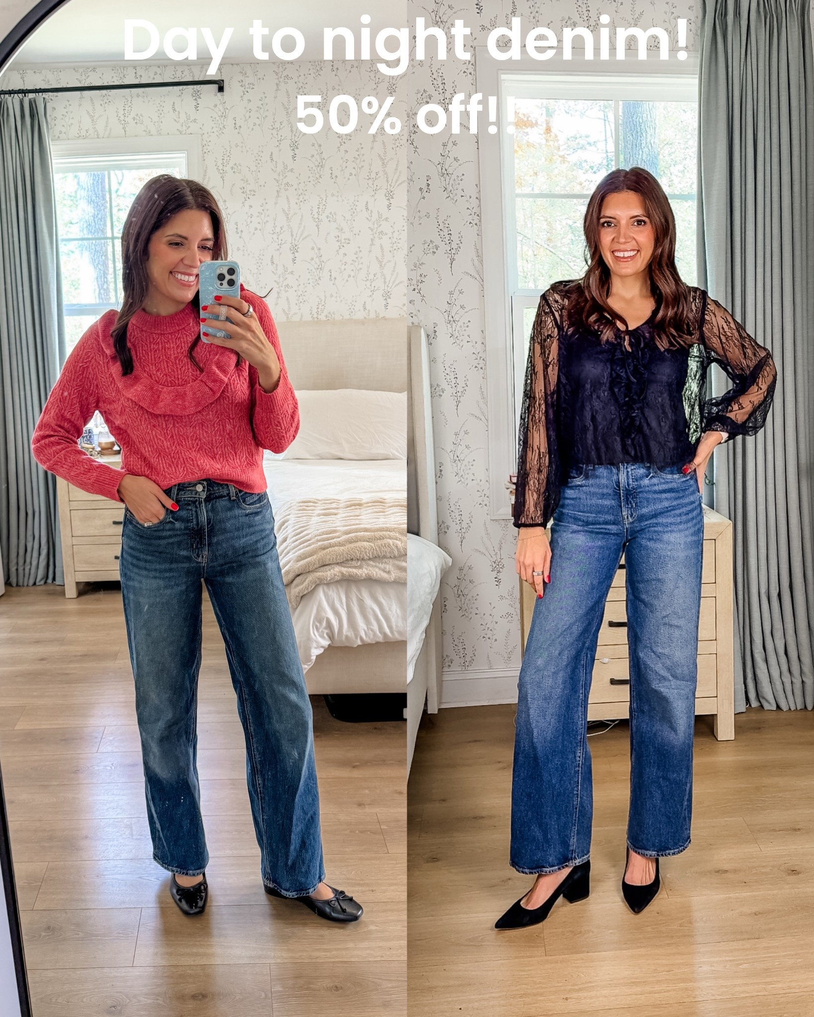 The perfect day to night jeans! High rise wide leg jeans. They fit tts or size down in between! I wear a 2 regular. I’m 5’7"

#LTKSaleAlert #LTKOver40 #LTKCyberWeek