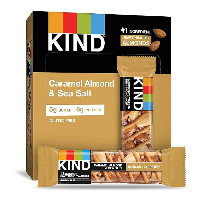 KIND Healthy Snack Bar, Caramel Almond & Sea Salt, 5g Sugar | 6g Protein, Gluten Free Bars, 1.4 O... | Amazon (US)