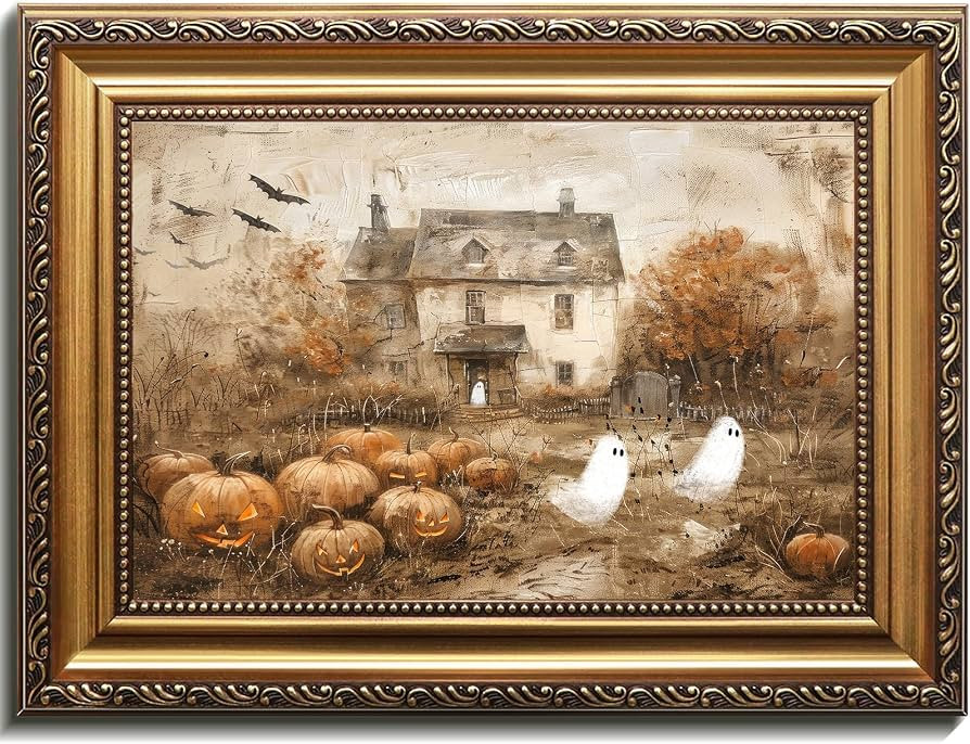 uniro Vintage Gold Framed Wall Art, Vintage Cute Ghosts Haunted Halloween Painting, Spooky Pumpki... | Amazon (US)