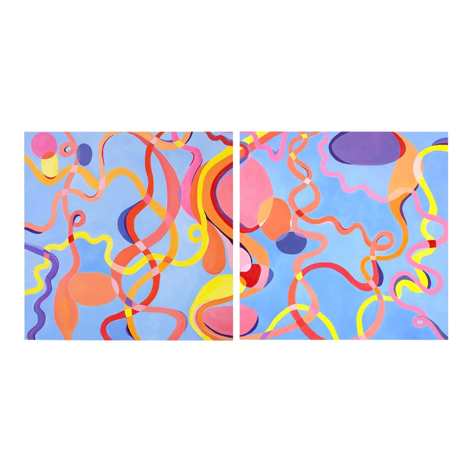 Large Abstract Diptych in Cobalt Blue Orange and Pink | Chairish