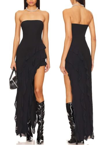 Capuffy Womens Tube Strapless Maxi Dress Irregular Ruffles Hem Cocktail Dress Off Shoulder Tassel High Slit Evening Gown 312(Black,M) | Amazon (US)