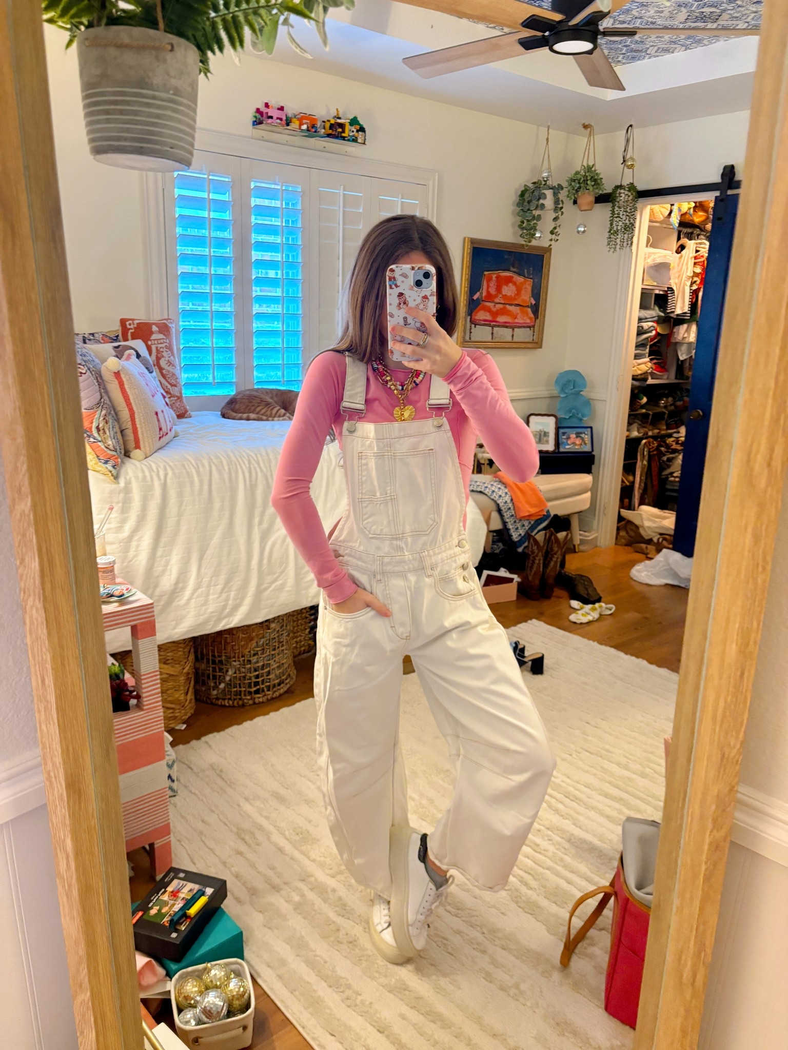 Ootd! 
I’m 5’2 wearing a small in the overalls and an XS in the top! 

Heart necklace is winton and waits, multicolored beaded is Jup Jewels!