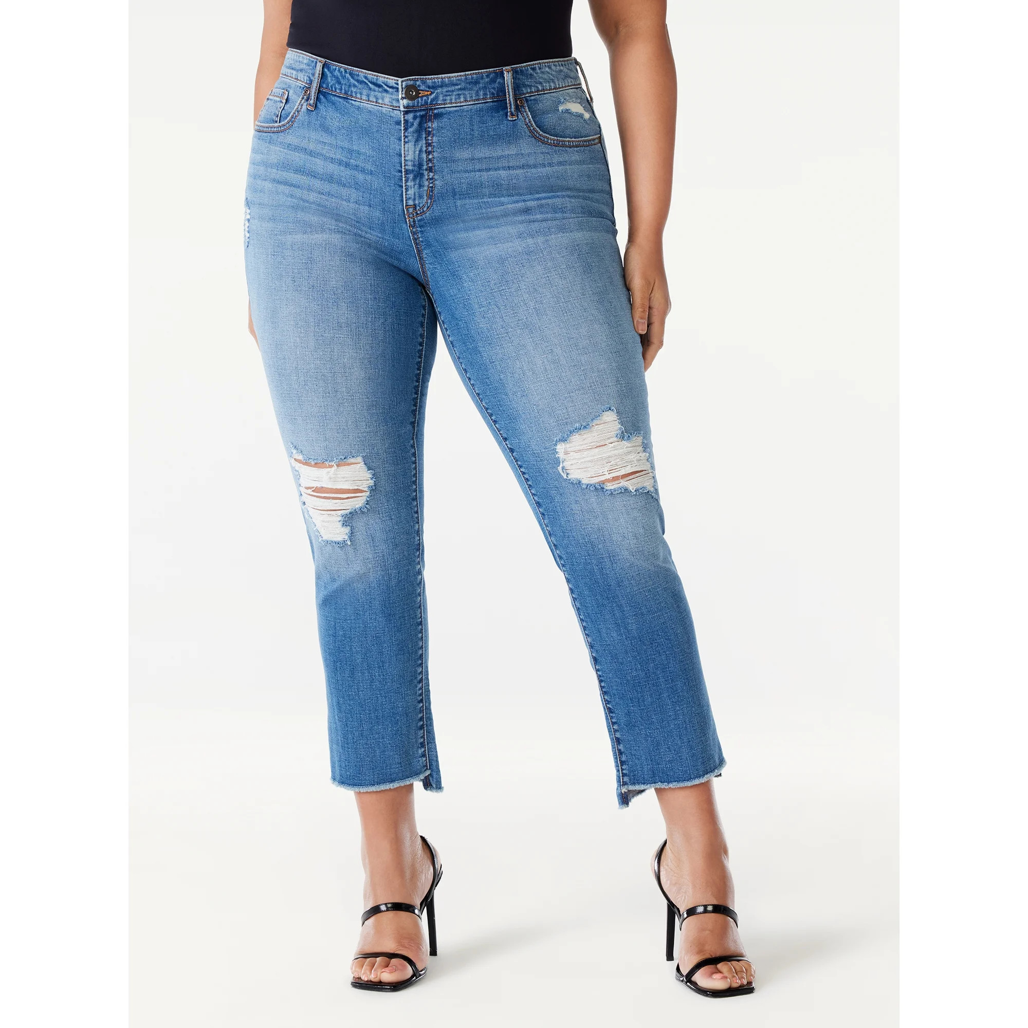 Sofia Jeans Women's Plus Size Bagi Boyfriend Mid Rise Distressed Hem Jeans, 26" Inseam, Sizes 14W... | Walmart (US)
