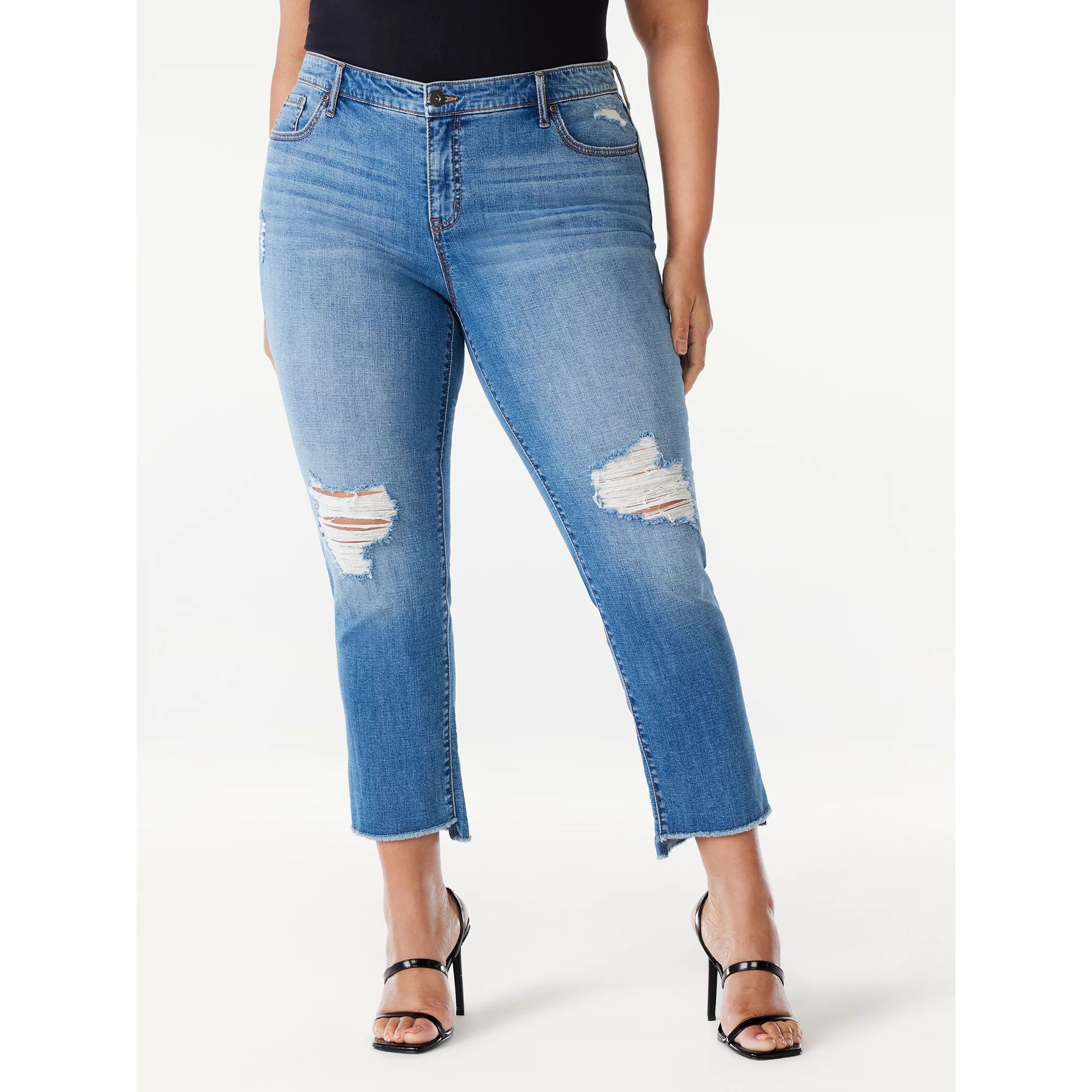 Sofia Jeans Women's Plus Size Bagi Boyfriend Mid Rise Distressed Hem Jeans, 26" Inseam, Sizes 14W... | Walmart (US)