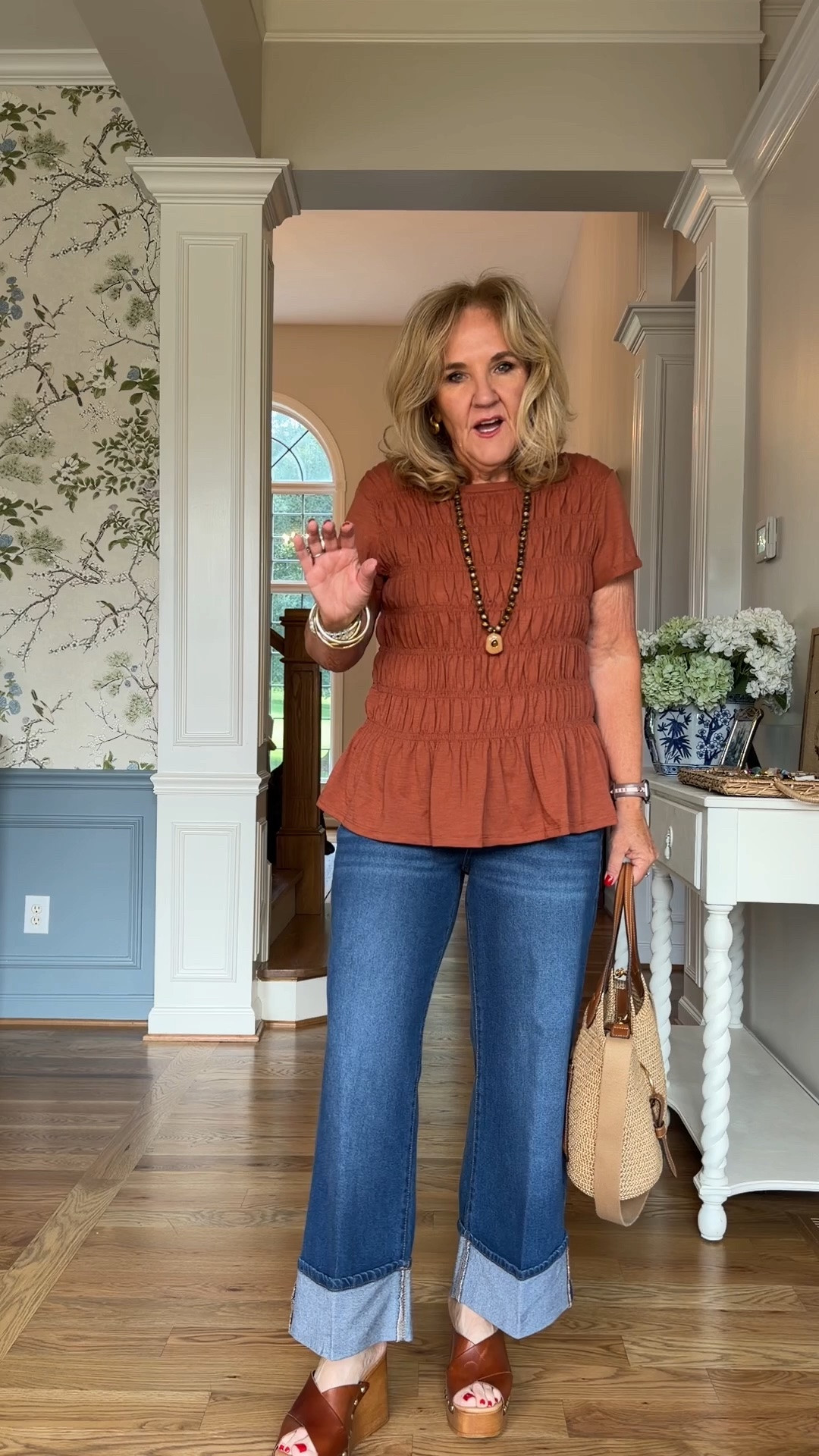 Smocked top size large I don’t like the smocking tight on me
Printed blouse size small
The denim tops I’m in a medium
Wide cuff denim size 8 fit size
Bandana jeans medium 
Brown linen-ish pants medium 

Business casual teacher outfits wide cuff denim 

#LTKOver40 #LTKSaleAlert #LTKootd

#LTKPetite