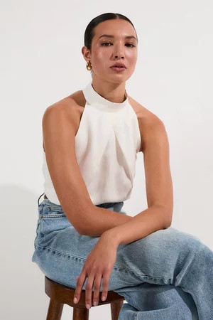 Viscose Linen Cross Front Halter Neck Woven Top | Karen Millen US