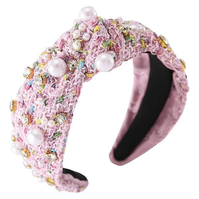 Pearl Rhinestone Tweed Headband for Women Sparkle Luxury Plaid Knotted Headband Wide Vintage Ladi... | Amazon (US)