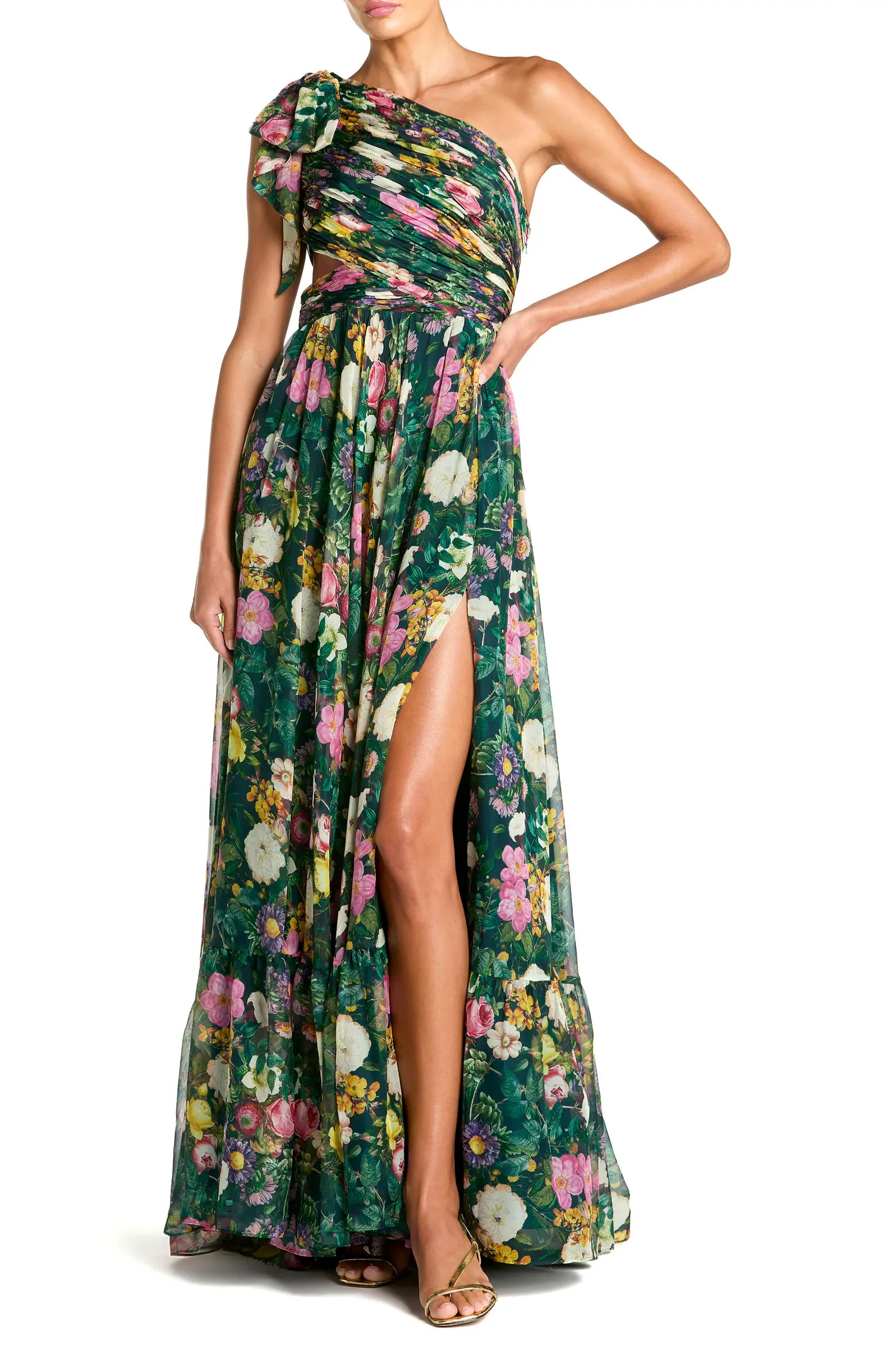 Floral One-Shoulder Cutout Chiffon Evening Gown | Nordstrom