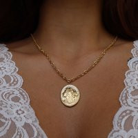 Chunky Gold Medallion Necklace, Vintage Coin Lady Outline Divine Feminine Jewelry, Gift For Her, Antique | Etsy (US)