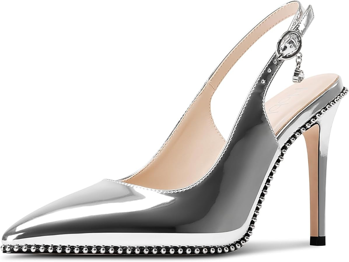 NobleOnly Slingback Beaded Pumps for Women High Stiletto Heel Pointed Toe Slip-on Dress Sandals A... | Amazon (US)