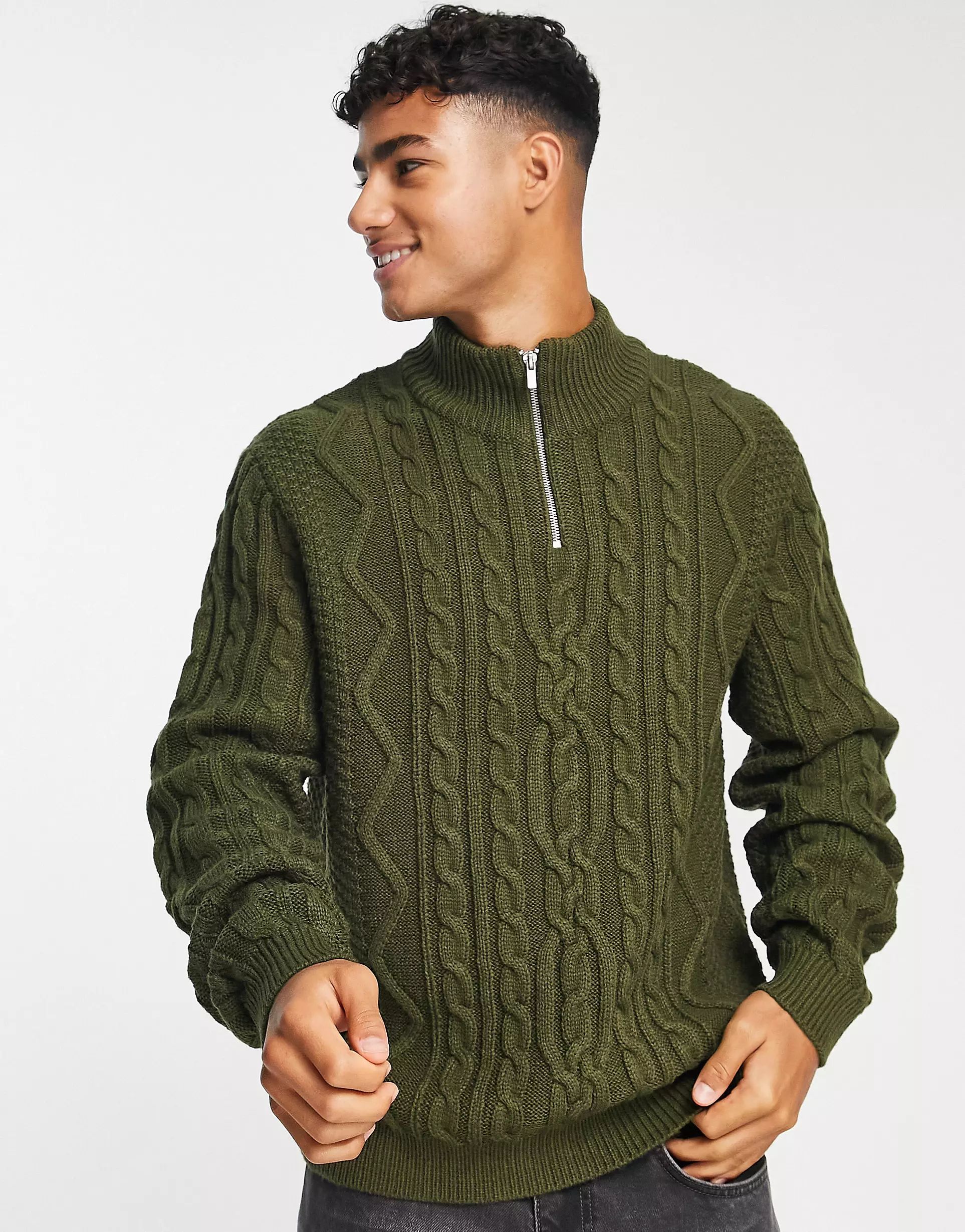 ASOS DESIGN cable knit half zip sweater in khaki | ASOS (Global)