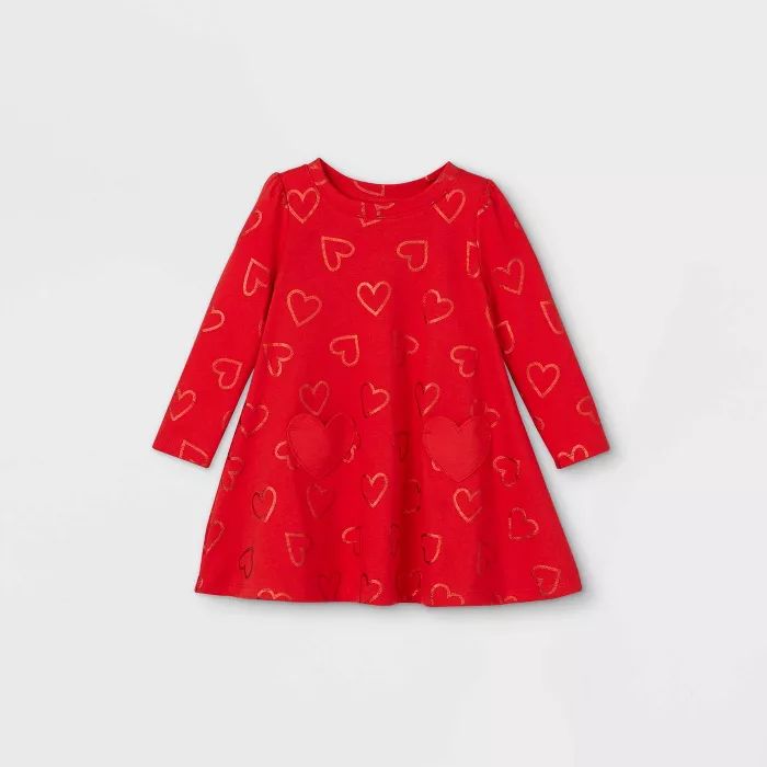 Toddler Girls' Heart Print Long Sleeve Dress - Cat & Jack™ Red | Target
