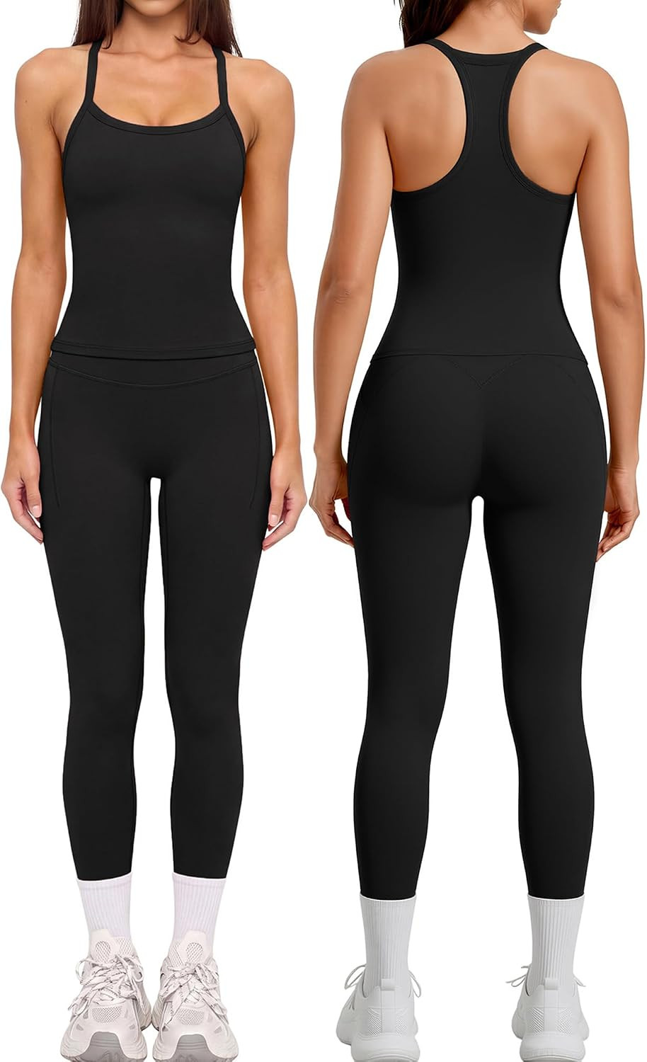 SUUKSESS Women 2 Piece Workout Sets Compression Leggings Racerback Tops | Amazon (US)