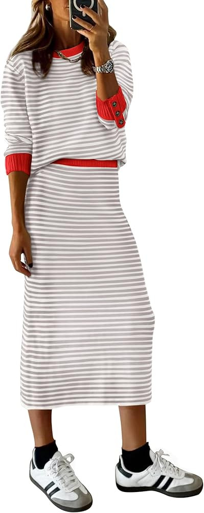 PRETTYGARDEN 2 Piece Skirts Sets For Women Fall Fashion 2025 Striped Sweater Dress Knit Lounge Tr... | Amazon (US)