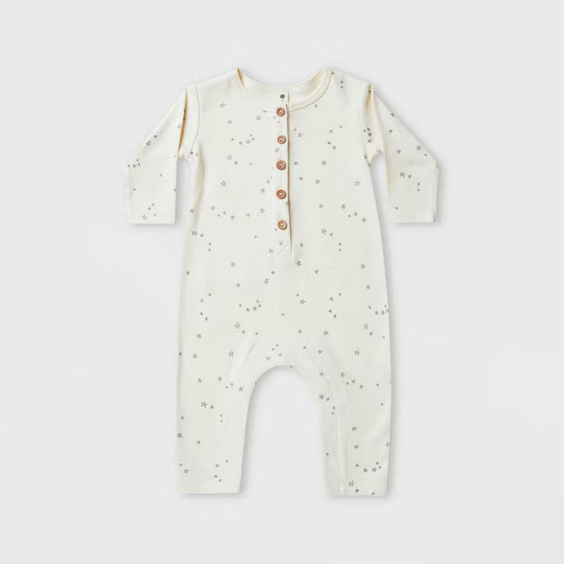 Q by Quincy Mae Baby Stars Brushed Jersey Long Sleeve Jumpsuit - Ivory | Target