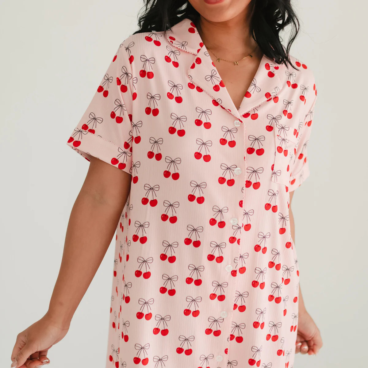 Women's Ribbed Button Down Dress In Pink Cherry Bows | Silks Design