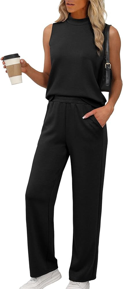 XIEERDUO Two Piece Sets for Women Summer Outfits Travel Mock Neck Lounge Sets Wide Leg Pants Beac... | Amazon (US)