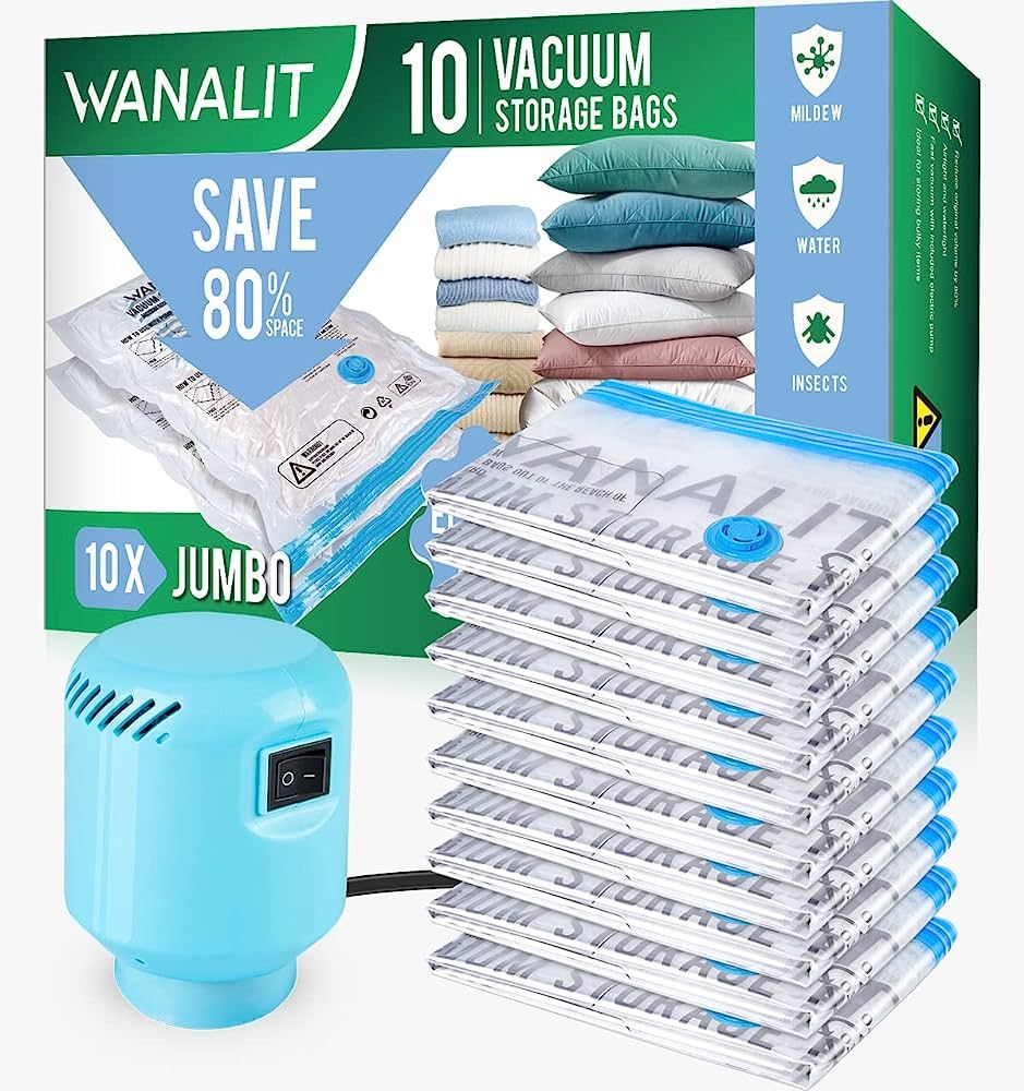 Vacuum Storage Bags with Electric Pump, 10 Pack Jumbo Size（40"x28"） Reusable Compression Spac... | Amazon (US)