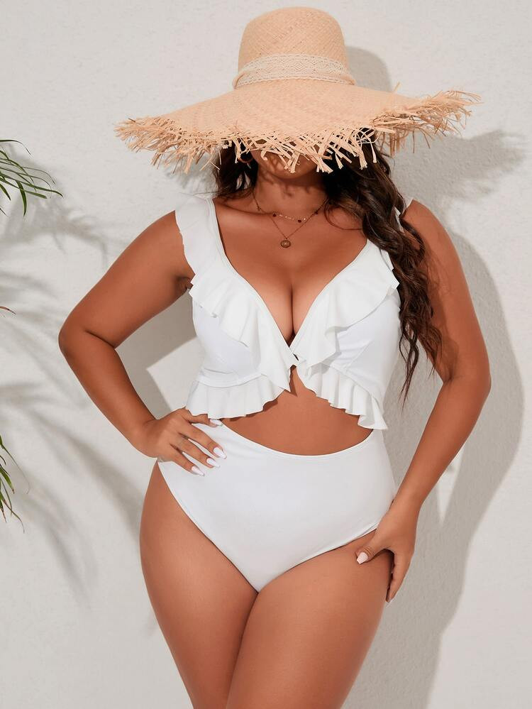 Plus Ruffle Trim Cut Out Tie Back One Piece Swimsuit | SHEIN