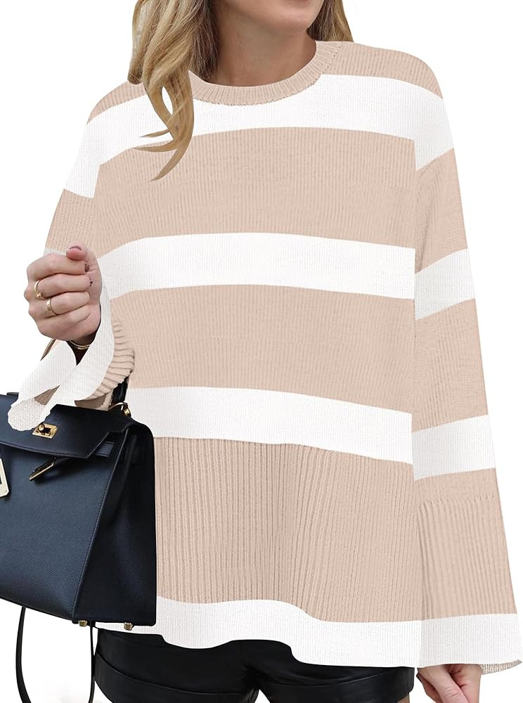 ZESICA Women's 2024 Fall Winter Striped Sweaters Long Sleeve Crew Neck Ribbed Knit Side Slit Over... | Amazon (US)