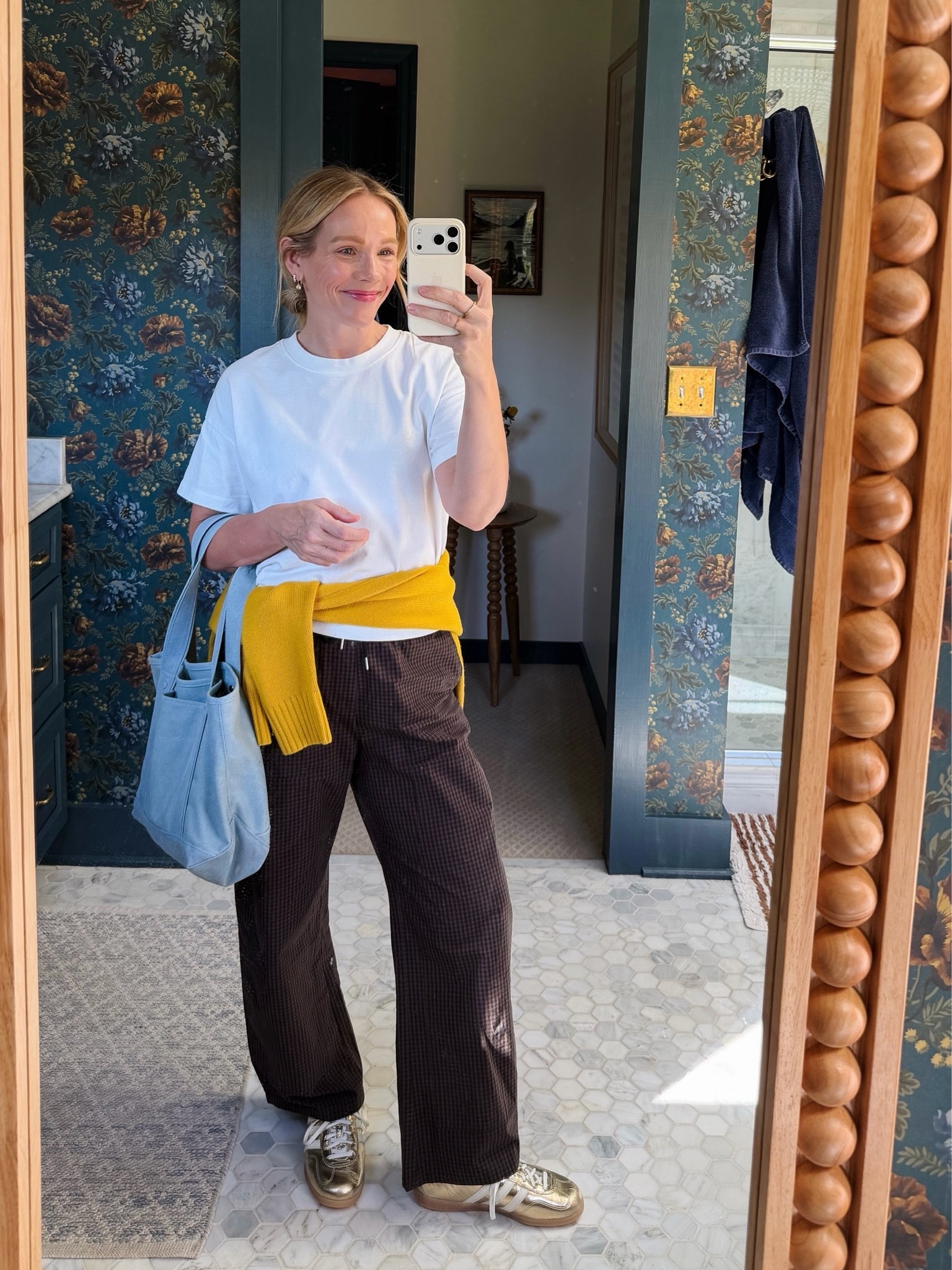 Hi! Love love love these Pistola drawstring pants, wearing my regular size small (I'm 5'3 for length), use code 15LATELY to save. Went down a half size in the adidas sneakers, worn with bombas no show socks. Marine Layer tee fits true to size. The under $100 Tuckernuck bag so good I bought twice (also in the berry color that's perfect for Fall). Electric Picks Bentley earrings in gold are gorgeous in person. Vintner's Daughter perfume is unbelievably yummy and luxurious. Boden sweater is a Fall closet workhorse, wearing my regular size small. xo, Claire