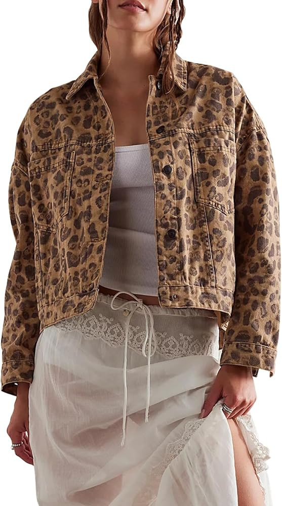 Womens Fall Leopard Print Jacket Casual Denim Collar Long Sleeve Button Down Loose Comfy Coat wit... | Amazon (US)