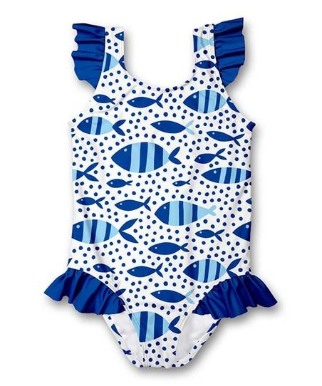 White & Blue Fishes Ruffle One-Piece - Infant, Toddler & Girls | Zulily