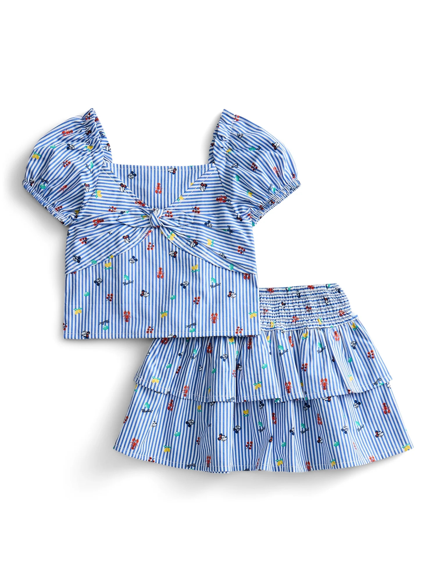 Minnie and Friends Toddler Girls Allover Print Striped Puff Sleeve Top and Matching Skirt Set, 2-... | Walmart (US)
