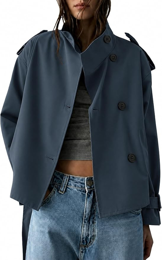Vintage Cropped Trench Coat for Women Belted Stand Collar Jacket with Pockets Long Sleeve Outerwe... | Amazon (US)