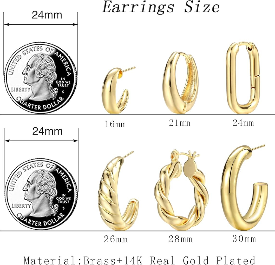 Gold Hoop Earrings Set for Women, 6 Pairs 14K Gold Plated Lightweight Hypoallergenic Chunky Open ... | Amazon (US)