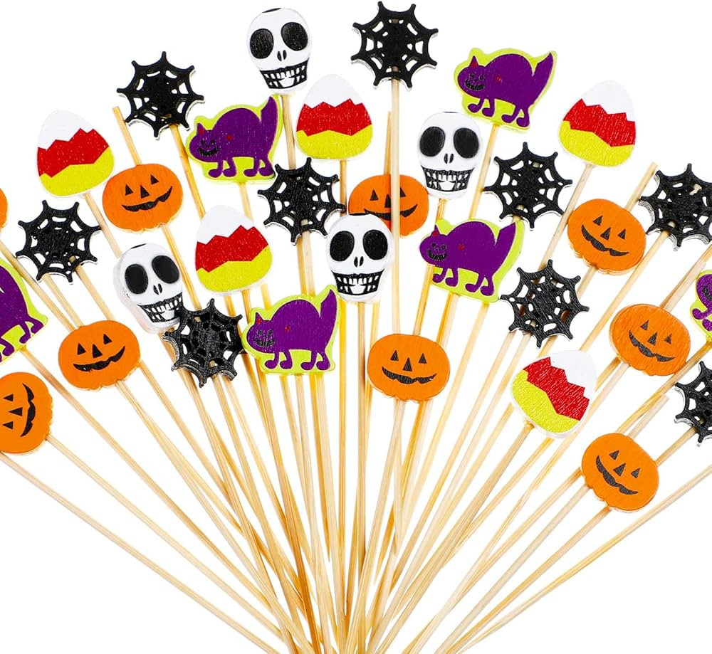 100 PCS Halloween Cocktail Picks 4.7 Inch Halloween Wooden Pumpkin Skull Decorative Toothpicks Ha... | Amazon (US)