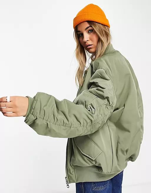 Weekday City recycled polyester bomber jacket in khaki | ASOS (Global)