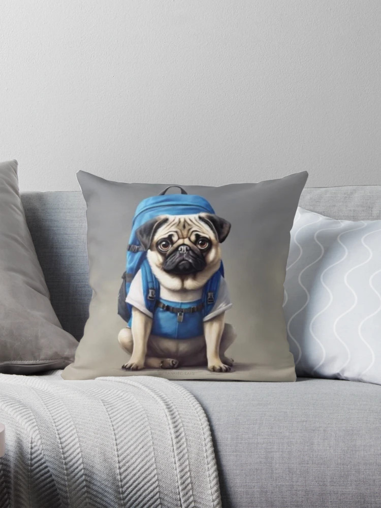 Pug with a blue backpack  Pillow | Redbubble (US)
