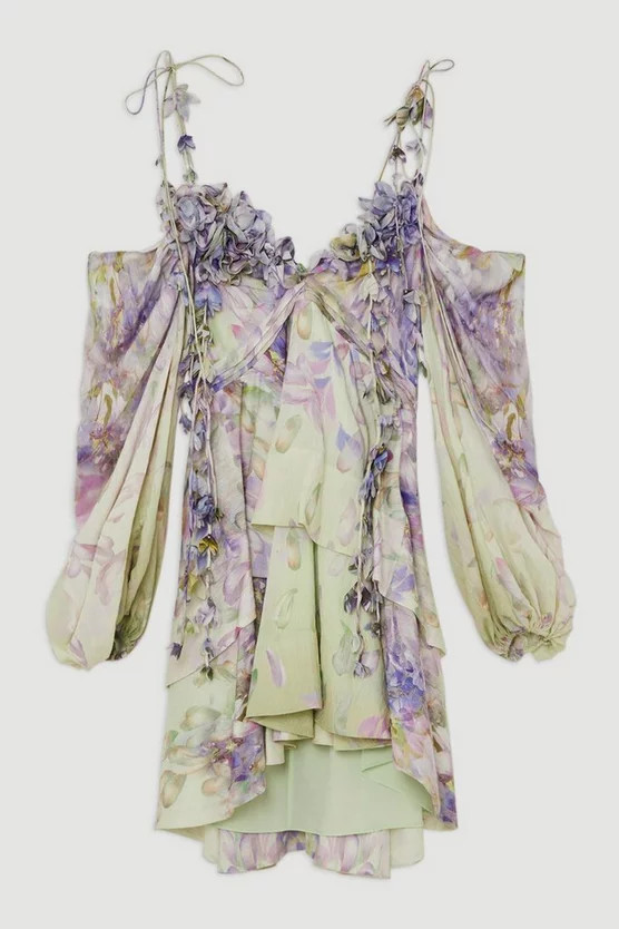 Floral Applique Woven Cold Shoulder Woven Mini Dress | Karen Millen US