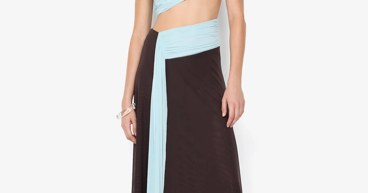 CONNI ASYM MIDI DRESS - ARCTIC BLUE / DARK CHOC | Bec & Bridge (Global)