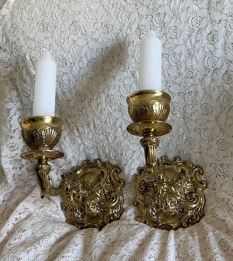 Pair of Long Vintage Ornate Brass Sconces for Candles - Etsy | Etsy (US)