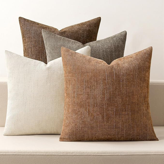 MIULEE Pack of 4 Fall Decorative Throw Pillow Covers 18x18 Inch Brown Chenille Textured Throw Pil... | Amazon (US)