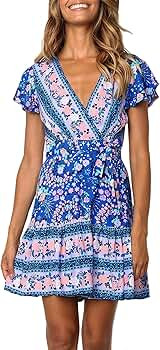 Women’s Summer Wrap V Neck Bohemian Floral Print Ruffle Swing A Line Beach Mini Dress | Amazon (US)