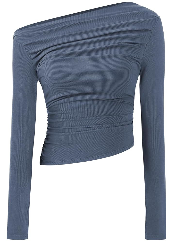 TARSE Women's Long Sleeve Off Shoulder Tops Sexy Going Out Slim Fit Knit Asymmetrical Ruched Shir... | Amazon (US)