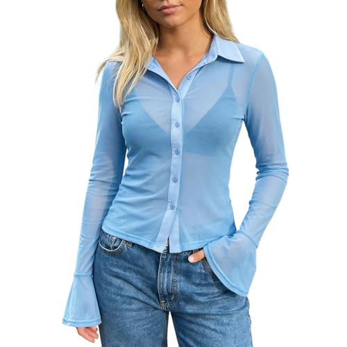 Sheer Button Down Shirt for Women Lapel V Neck Fitted Blouse Flare Long Sleeve Sexy See Through Mesh Tops Clubwear (Blue, M) | Amazon (US)