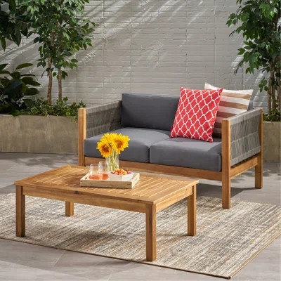 Patio Loveseat And Coffee Table Set, Patio Furniture Set With Cushion, Acacia Wood Frame Conversation Set For Garden, Backyard, Porch And Poolside, Mi | Wayfair North America