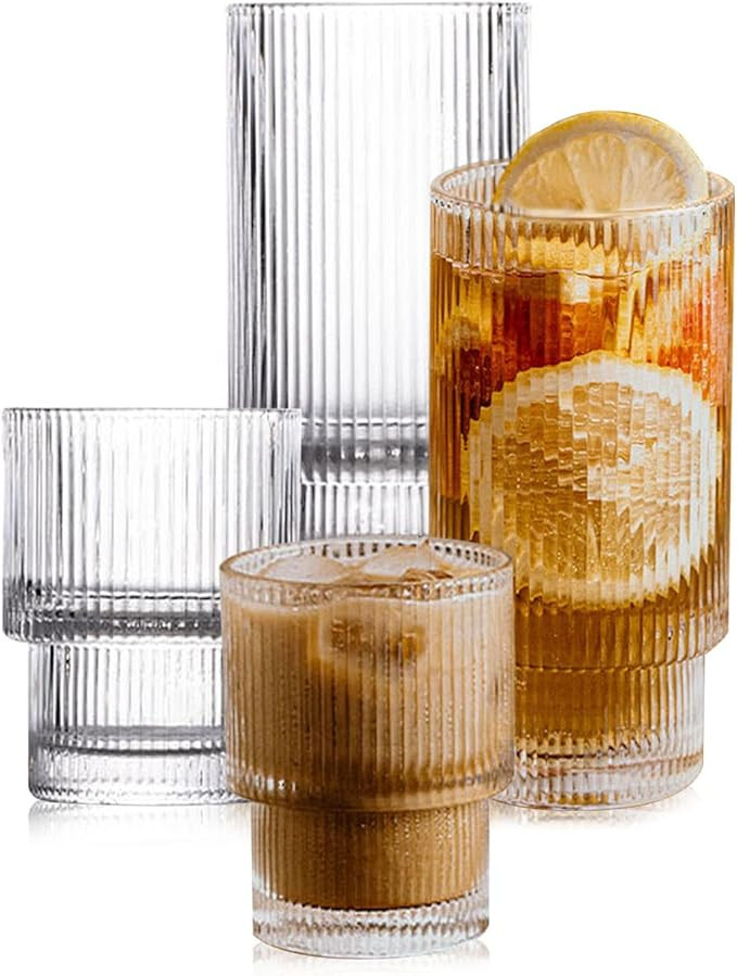 Amazon.com | Drinking Glasses with Origami Style Set of 4pcs Glass Cups,2 Highball Glasses & 2 Ro... | Amazon (US)