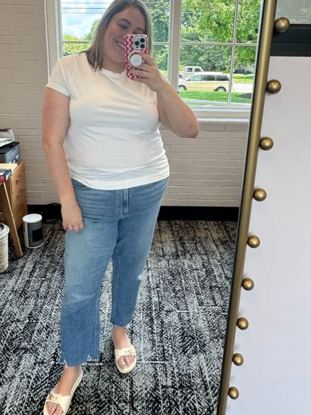 These Oaige jeans are the best plus size jeans for apple shape. Size down. Also loving this white tee that's on final sale at Athleta. Get 10% off sale with code QDO1S092X or 20% off $150 or more wirh Planet20  