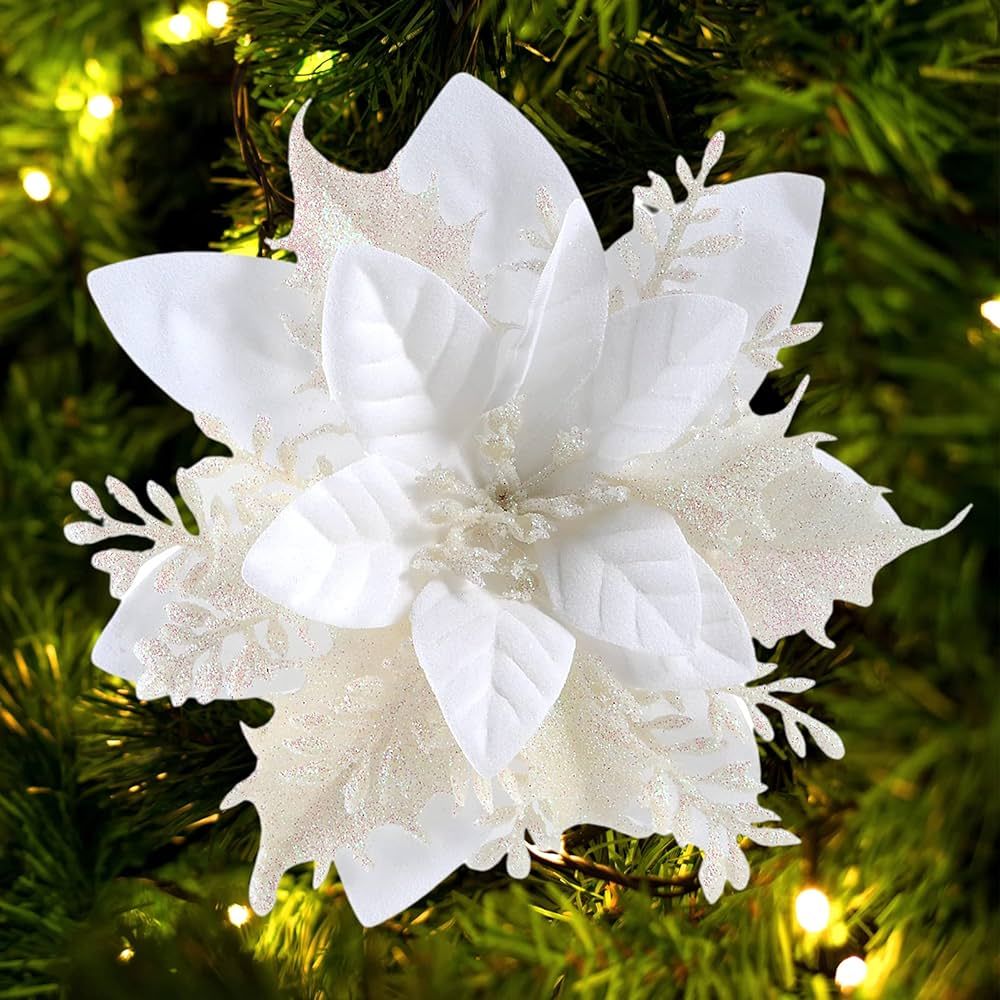 FurRain Christmas Poinsettia Artificial Flowers Decorations 5.5" Christmas Tree Wreaths Garland D... | Amazon (US)