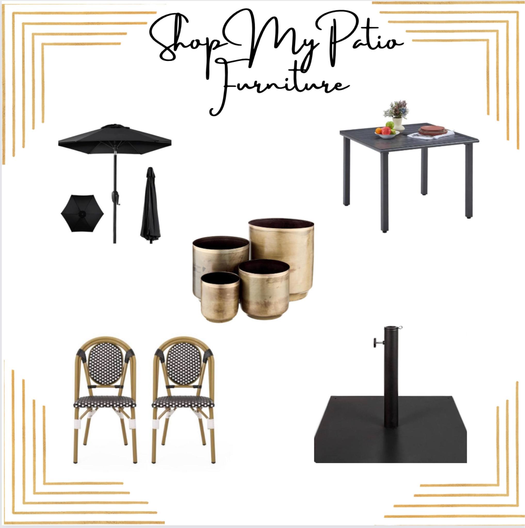 Shop my budget friendly patio pieces here! With having so many areas to furnish and decorate around the outdoor entertaining area of my home, I need budget friendly, high quality, classic pieces that will stand the test of time. This umbrella is great quality and only $40! I love a flat umbrella base and this one is heavy duty and almost flush with the ground. Can’t go wrong with black and white bistro chairs from Walmart. Add in a some small gold flower pots for pizzaz!
#outdoor #outdoorfurnitire #budgetfriendly #patio #porch #deck

#LTKFind #LTKSeasonal #LTKhome