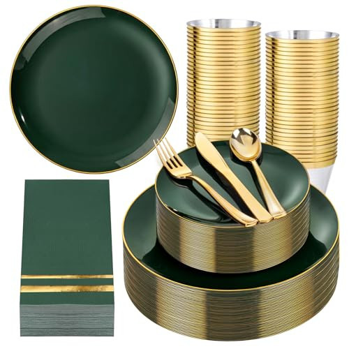 NOCCUR 350PCS Green Plastic Plates - Disposable Green Gold Dinnerware Set for 50 Guests, 100 Dinner/Dessert Plates, 150 Gold Silverware, 50 Cups&50 Napkins for Party ＆ Wedding ＆ Spring | Amazon (US)