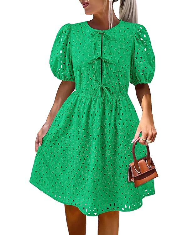 KIRUNDO Womens Summer Dresses 2025 Short Puff Sleeve Tie Front Eyelet Hollow Out A Line Wedding G... | Amazon (US)